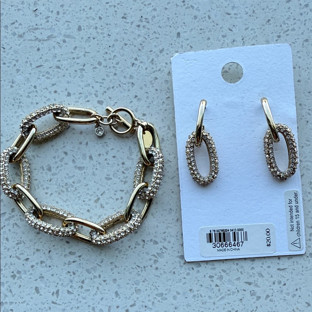 EXPRESS Gold Crystal Link Bracelet and Hoop Earring Set